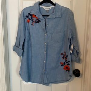 Blue button down shirt with floral stitching